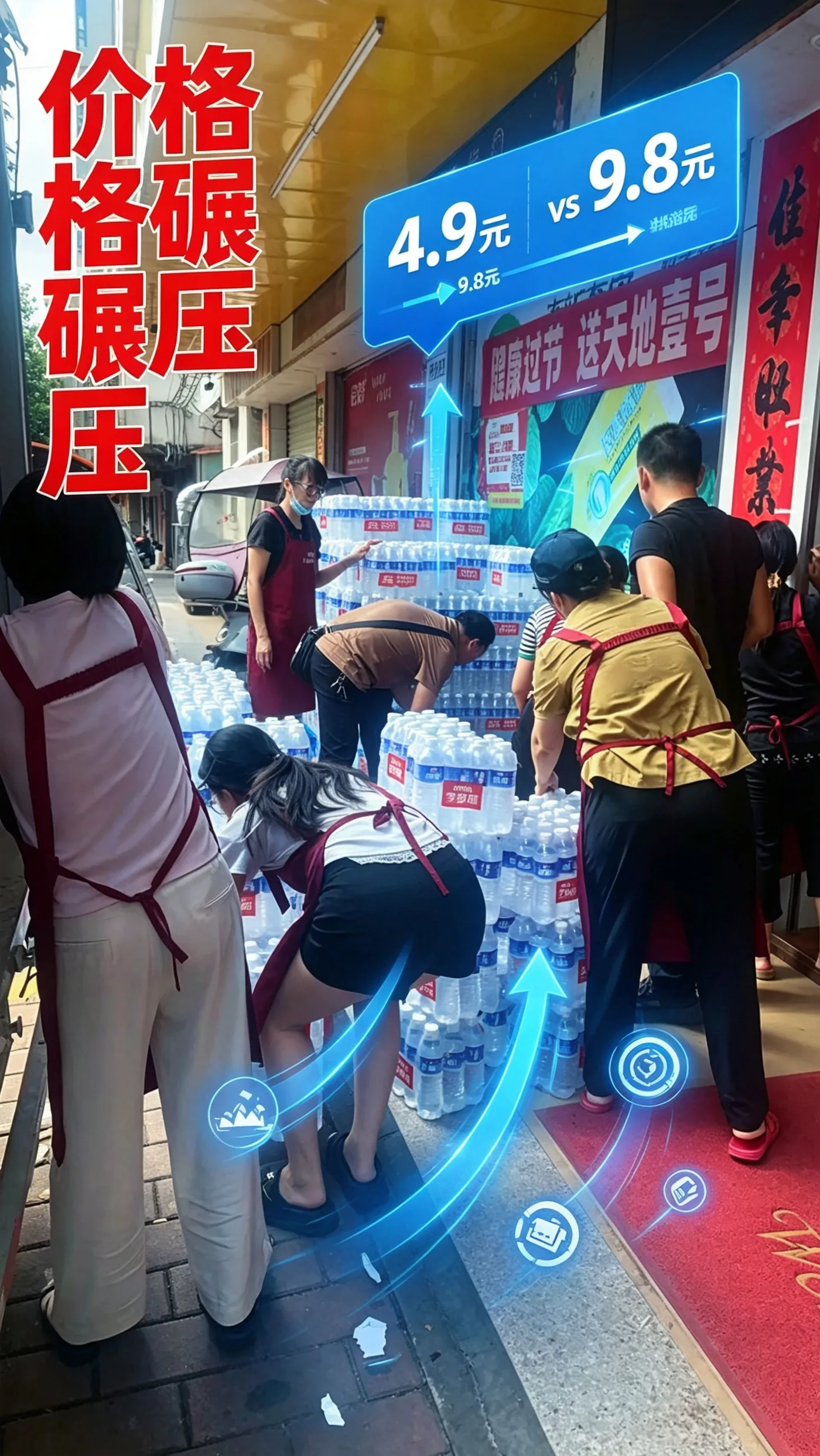 水润万家社区水站配送现场：4.9 元 12 瓶，同规格渠道价 9.8 元